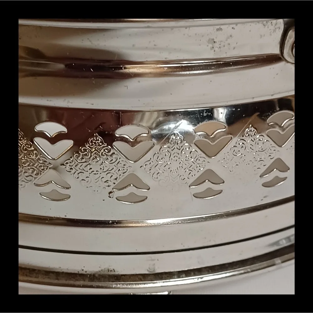 Vintage Silver Tone Pierced Heart Casserole Chafing Dish Stand Holder w/Handles